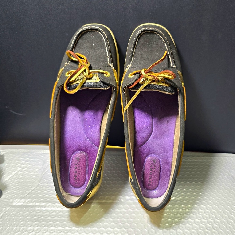 Sperry Top-Sider Womens Leather Boat Shoes Black/Gold Lace Up Cushioned 10M